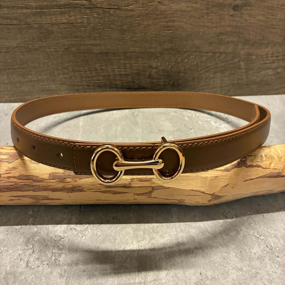 Brown Leather Horsebit Skinny Buckle Belt
